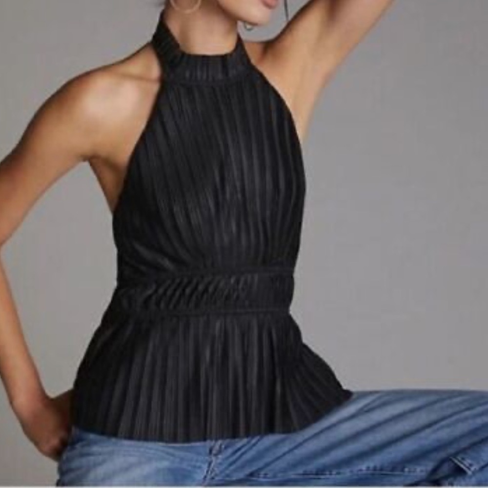 Anthropologie En Elly Jet Black Pleated Backless Halter Tank   XL
